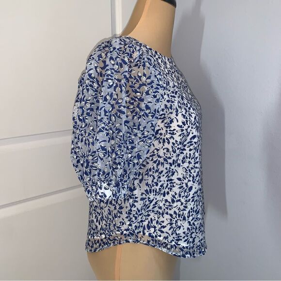 Ann Taylor Blue Floral Puffy Sleeve Blouse - Picture 2 of 5